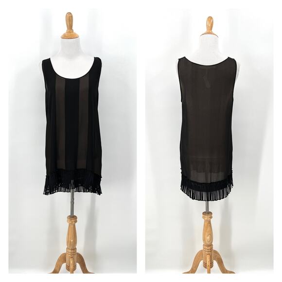 SCHUMACHER Fringe Trim Tunic Tank Top Women M Black Sheer Stripe Silk Scoop Neck - Picture 1 of 13